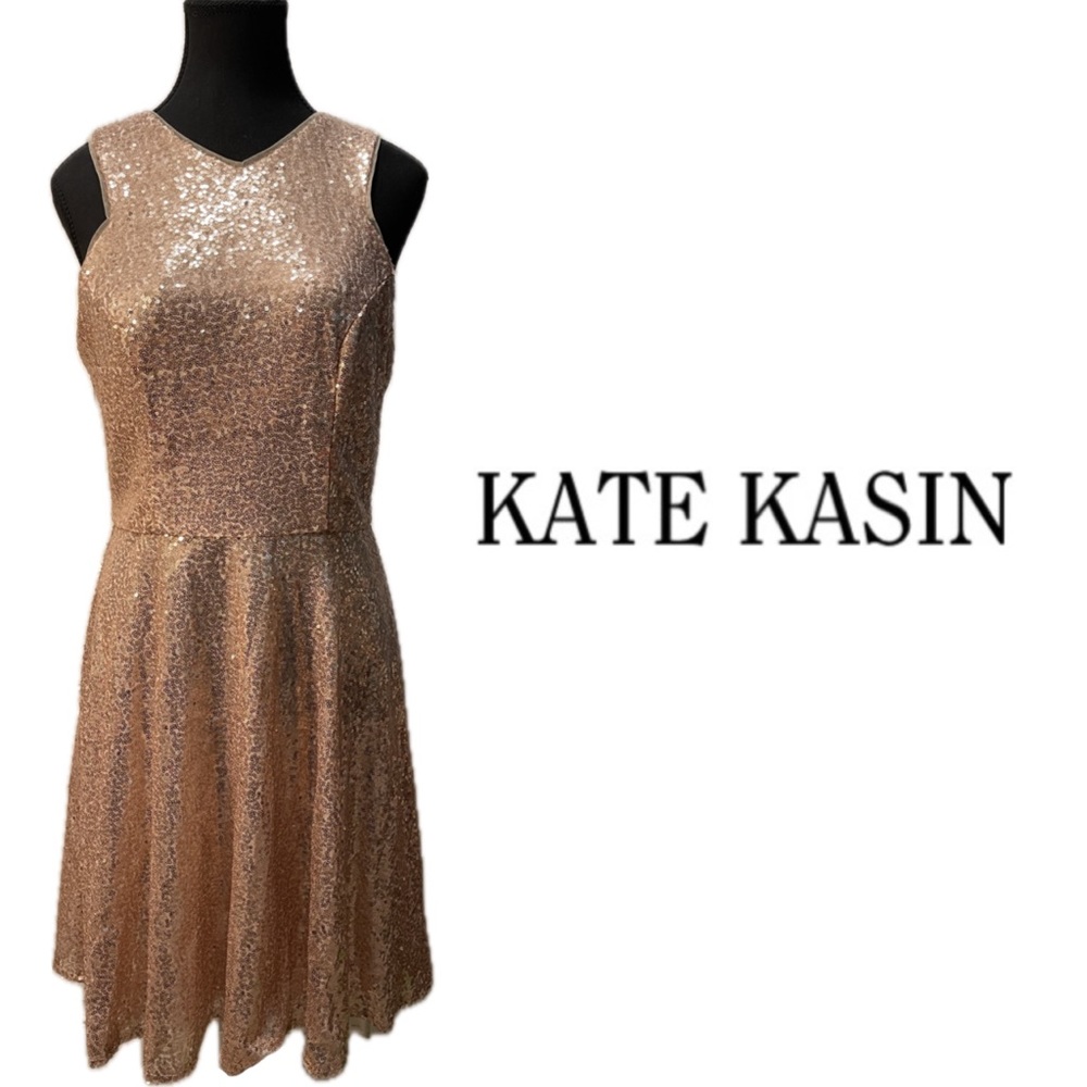 Kate Kasin Gold Sequin V-Neck Racerback Fit Flare Skater Prom Party Dress 8